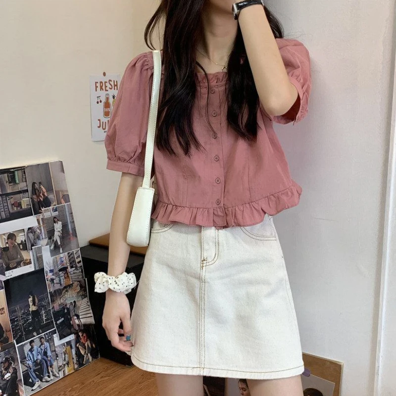 Shirt Women Design Ruffles Summer Short Sleeves Harajuku Casual Single Breasted All Match Simple Ulzzang Young Solid Retro Soft