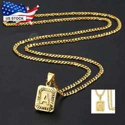 Womens Mens Necklace Stainless Steel Gold Color Curb Cuban Link Chain Square Letter Pendant Necklace for Men Dropship LGP57_B