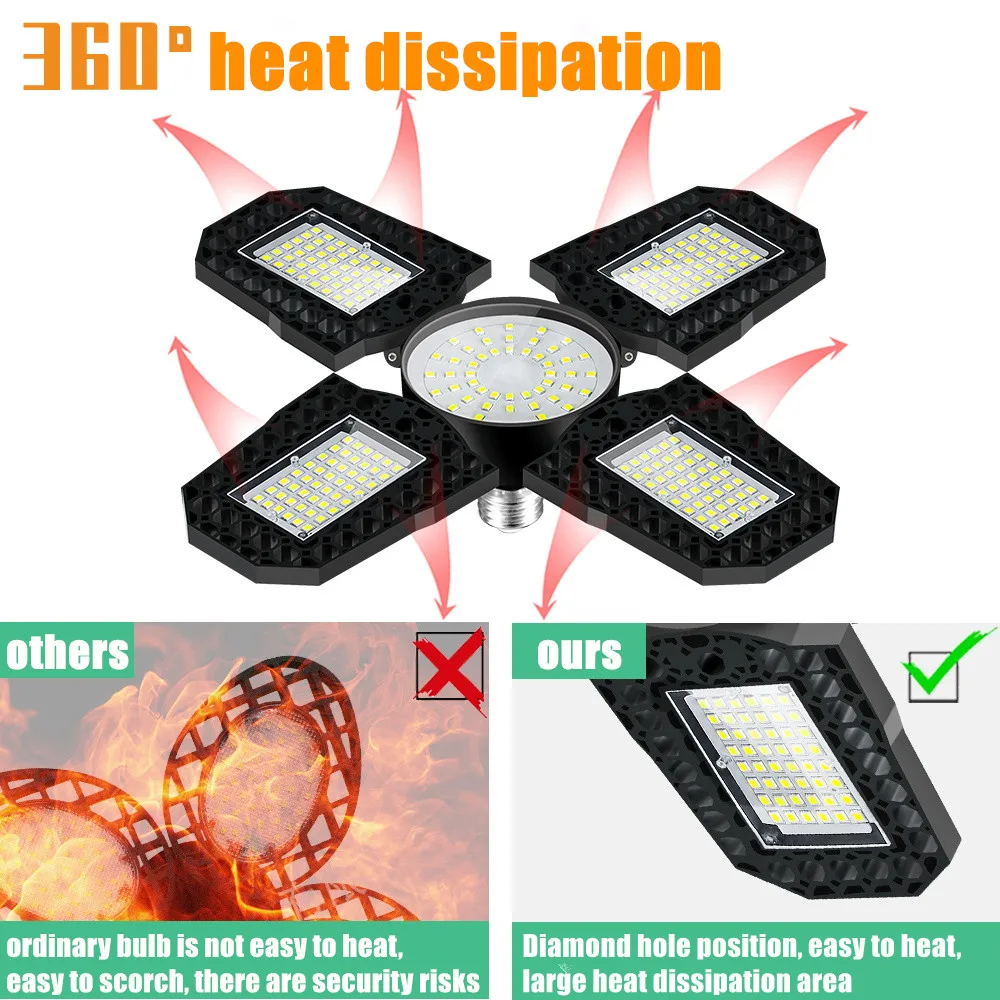 LED مصباح المرآب عالية خليج ورشة عمل مستودع السقف ضوء لمبة E27 زاوية قابل للتعديل 4 أوراق مصباح صناعي قابل للتشوه