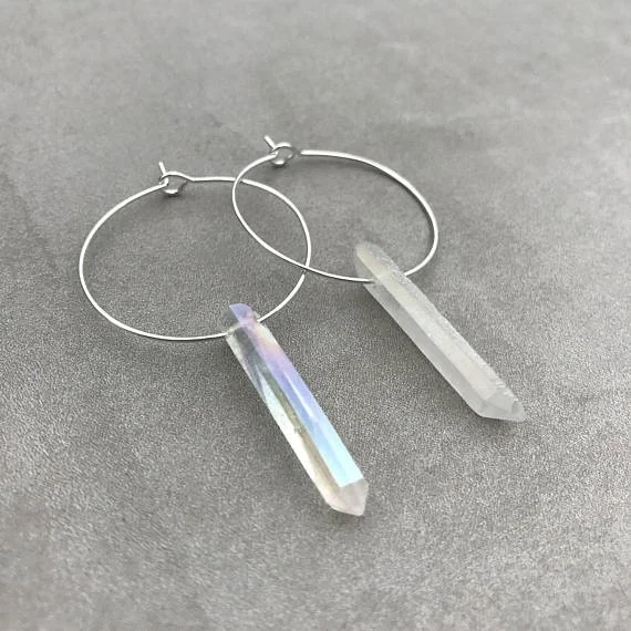 

Raw crystal earrings quartz hoop earrings Quartz point earrings