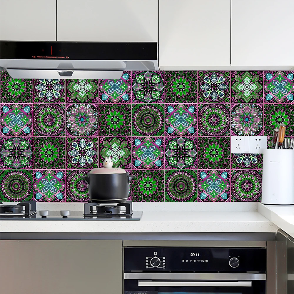 10pcs/set Mandala Style Tiles Wall Sticker Transfers Cover For Kitchen Bathroom Washbasin Peel & Stick Waistline Art Wall Decals