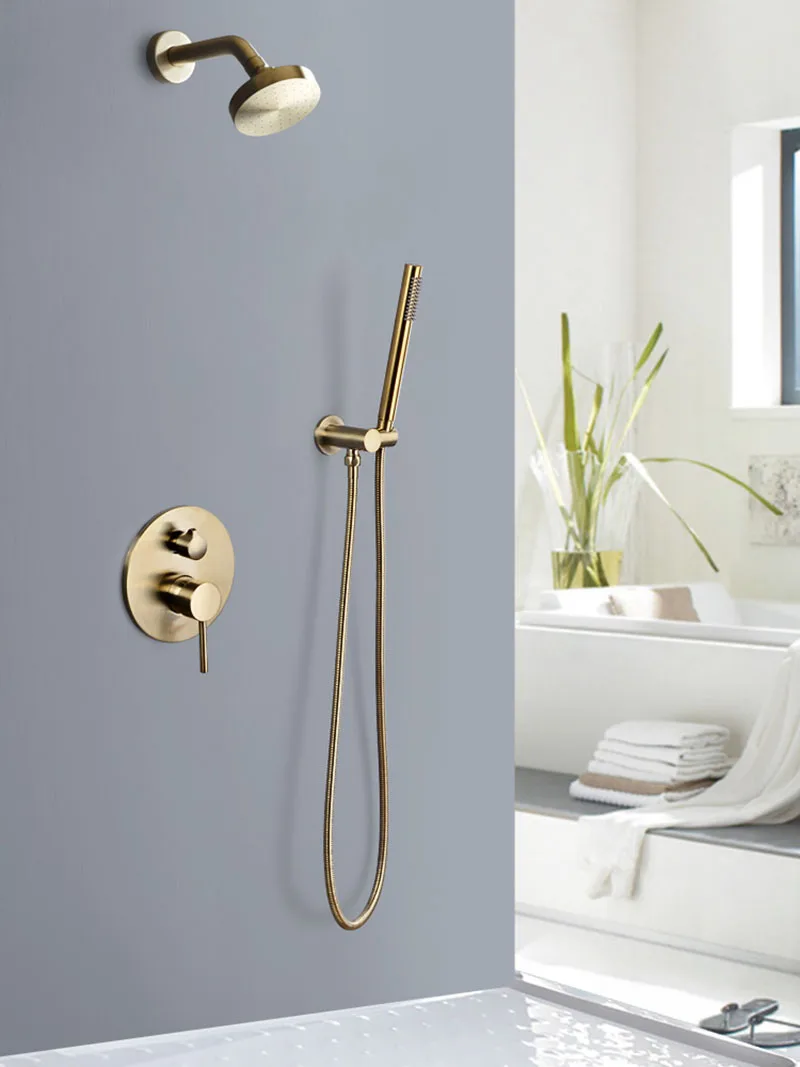 

Brushed Gold/Nickel Bathroom Shower Flower Wall Type Round Shower Set Brass Embedded Multifunctional Shower Set