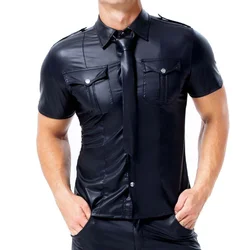 Men PU Leather T-shirt Tie Turn-down Collar Button Short Sleeve Tee Shirts Sexy Chemise Latex Clubwear Tops Streetwear Plus Size