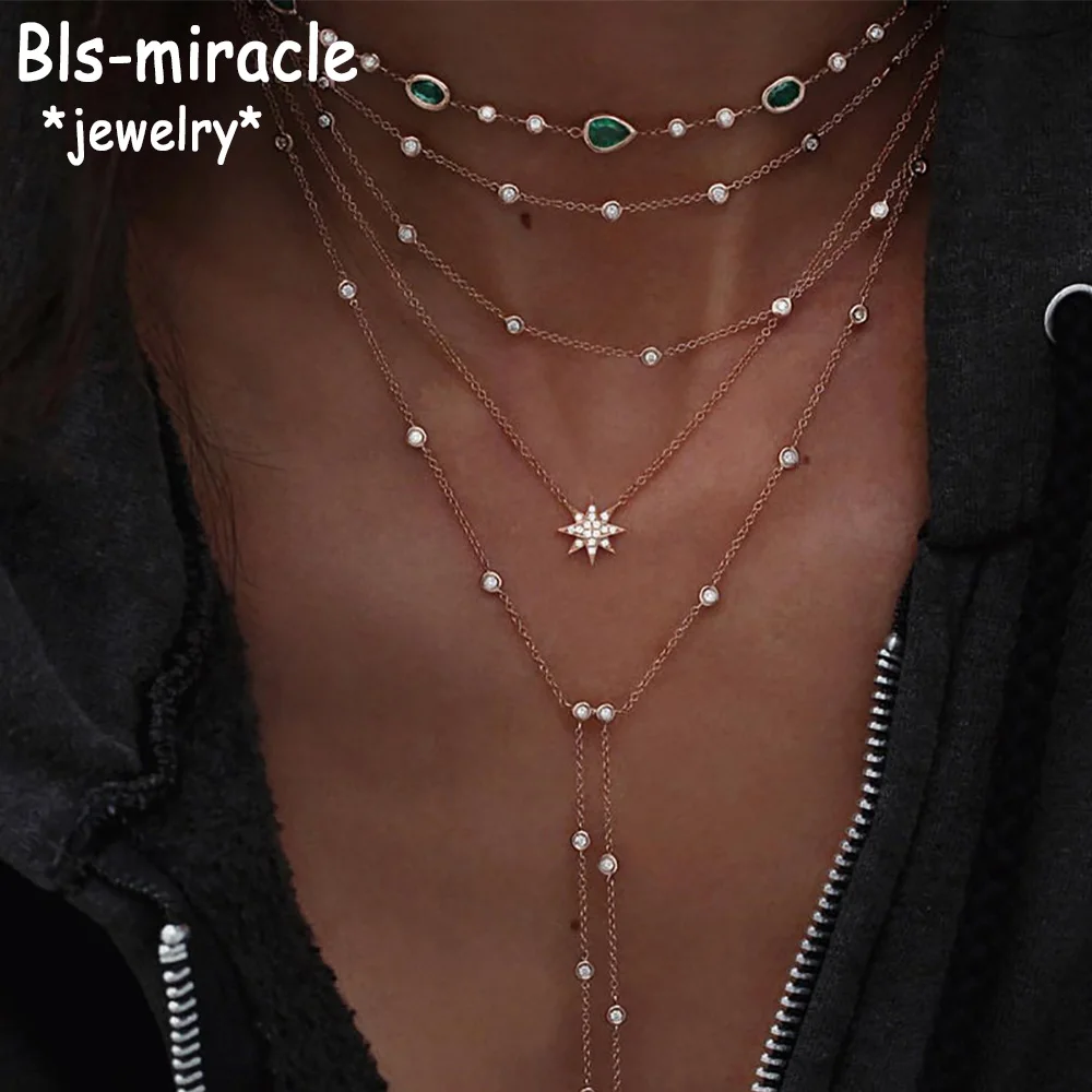 Boho Fashion Color  Sun Crystal Pendant Necklaces For Women Vintage Gold Color Necklace Multilayer Female Jewelry Wedding Gift