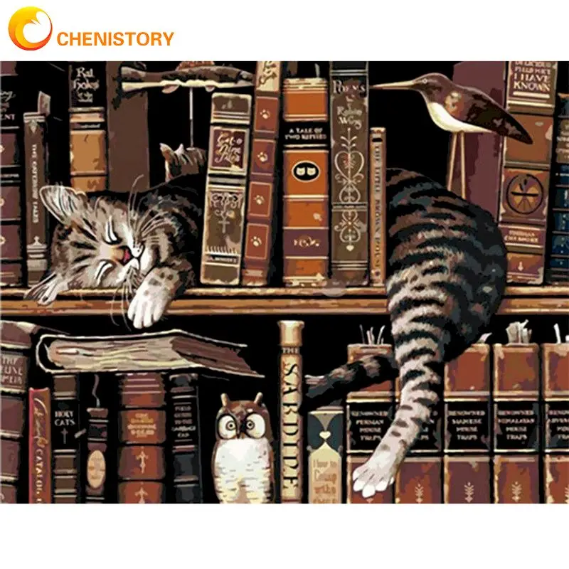 CHENISTORY Painting By Numbers Cats In Bookshelf Animal Picture 40x50cm Framed On Canvas Unique Gift For Adults Wall Decor Photo