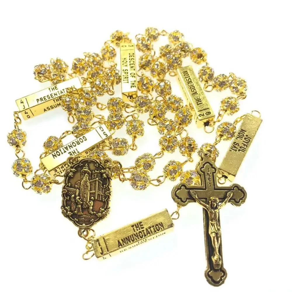 blingbling 8mm golden color crystal rhinestone beads five mysteries rosary religious catholic rosario