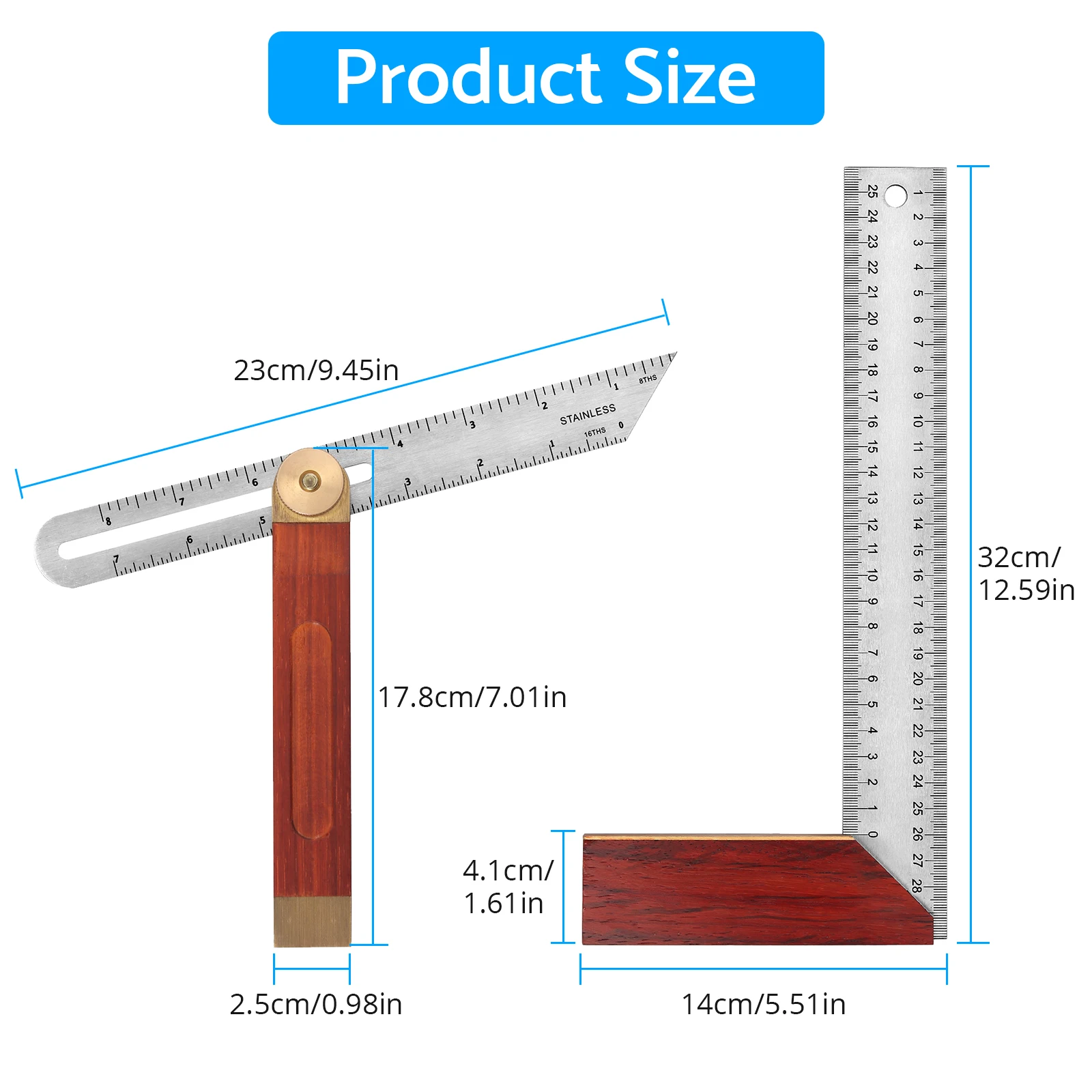 Proster 360 Degree T-Bevel Ruler 300mm + 200mm Try Square Ruler Stainless Steel Measure Imperial Metric Wood Carpentry Tool