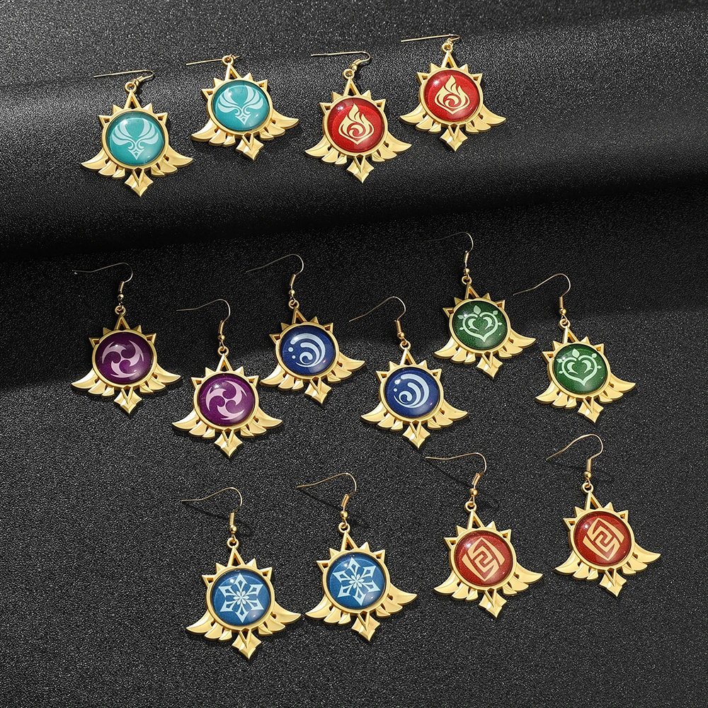 Anime Genshin Impact Account Hanging Earrings Nature Elements Badge Round Earrings Alloy Women's Earrings Jewelry For Women