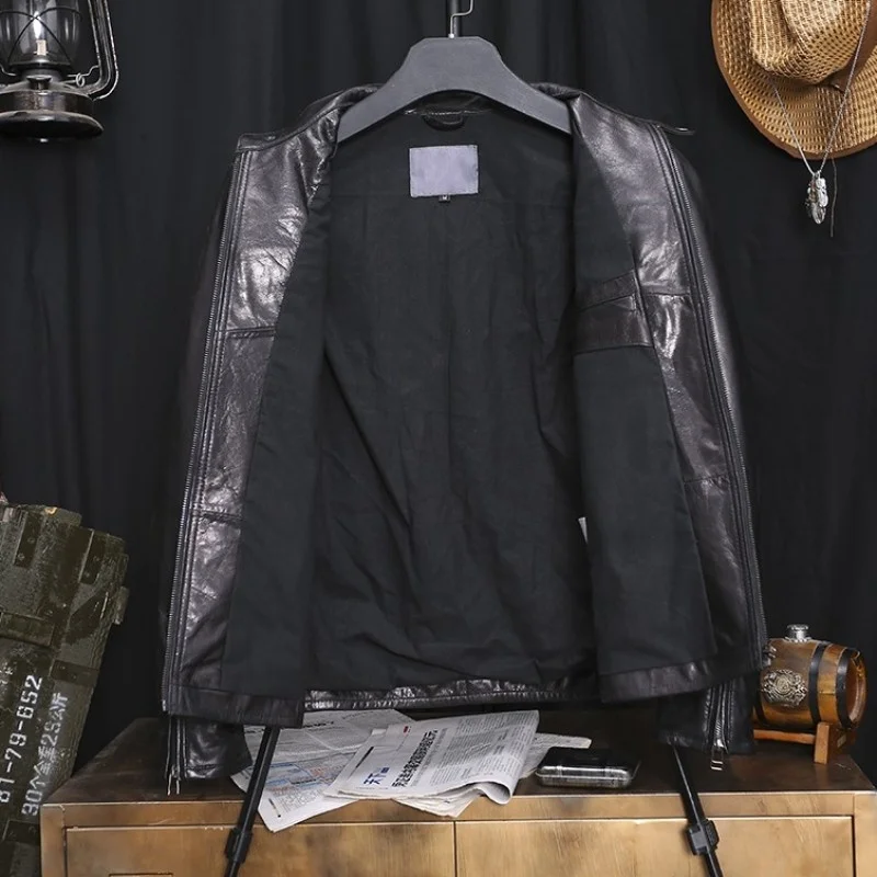 Manteau de motard à revers en peau de mouton pour homme, coupe-vent court, Slim, en cuir véritable, style Punk, décontracté, rétro, pour les affaires, automne