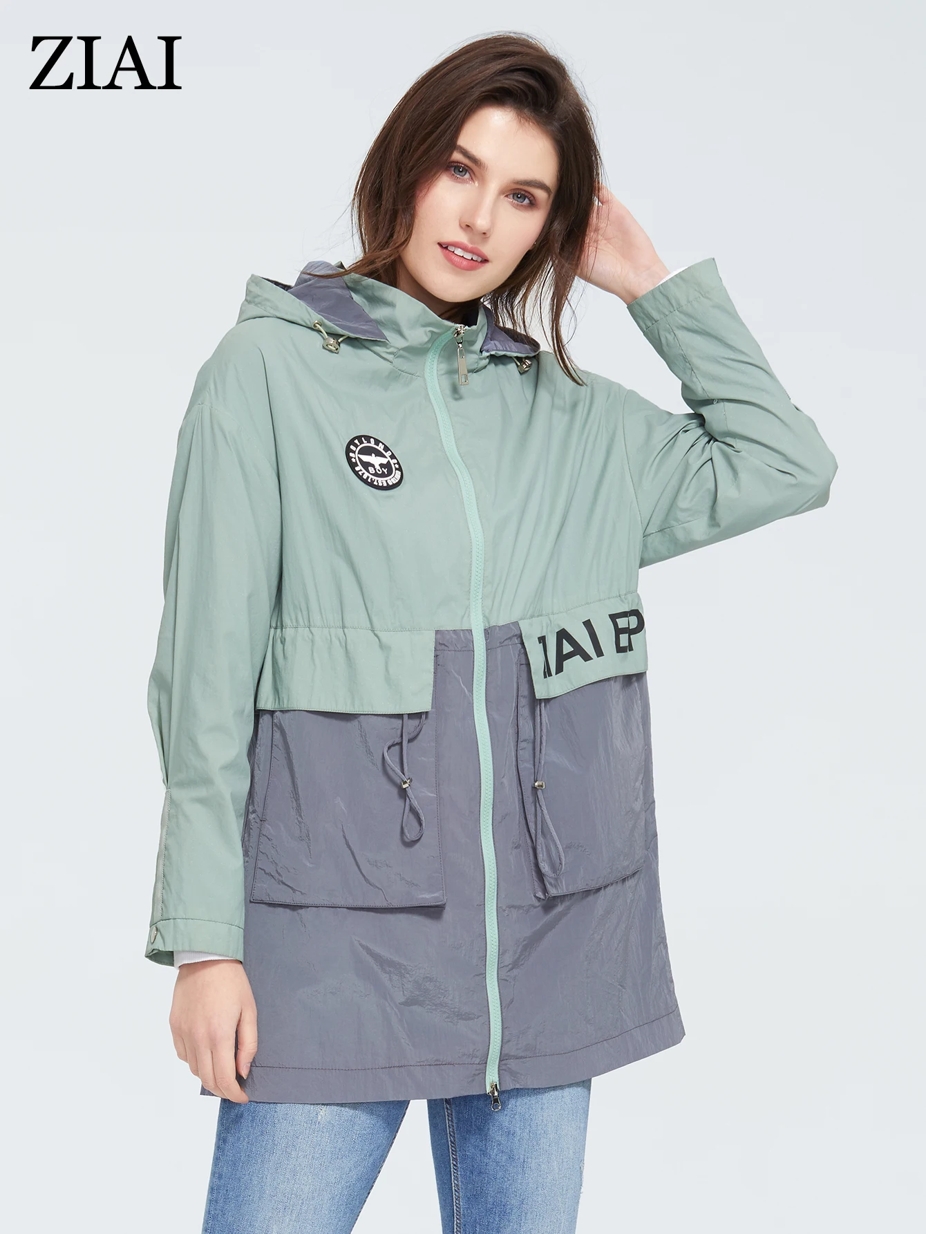 ZIAI 2022 Spring trench coat hooded women  light green fashion mid-length with Big pocket zipper sport female  ZS-3068