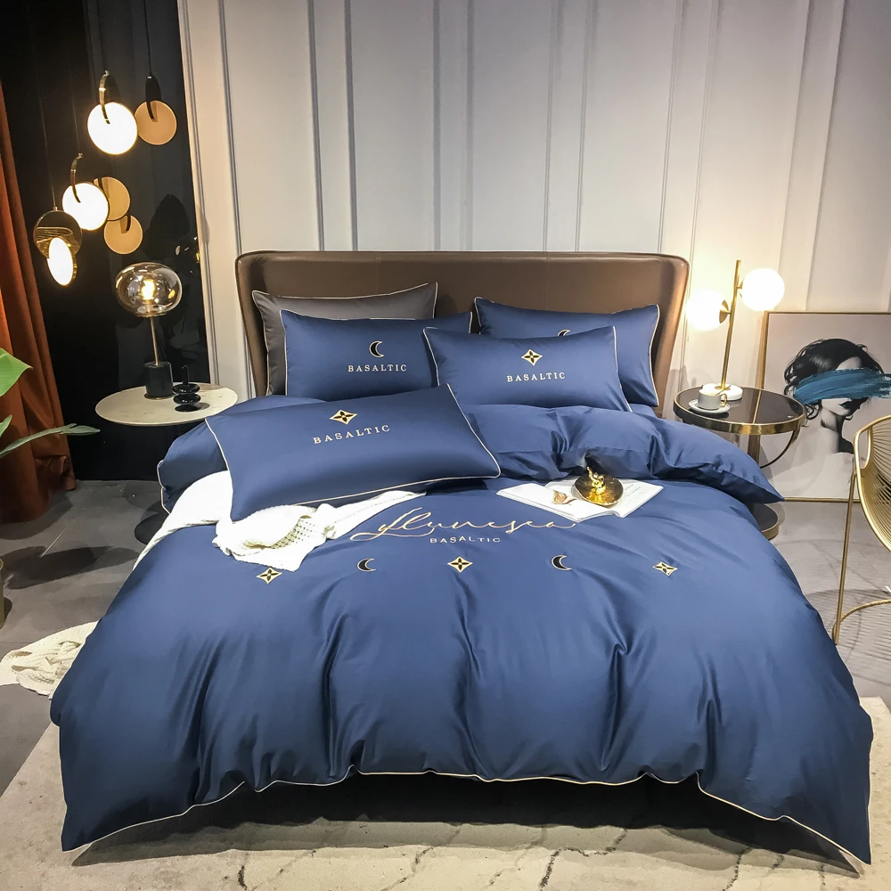 

2024 New Four-piece bedding light luxury cotton double household bed sheet quilt cover embroidered little bee bedding dark blue