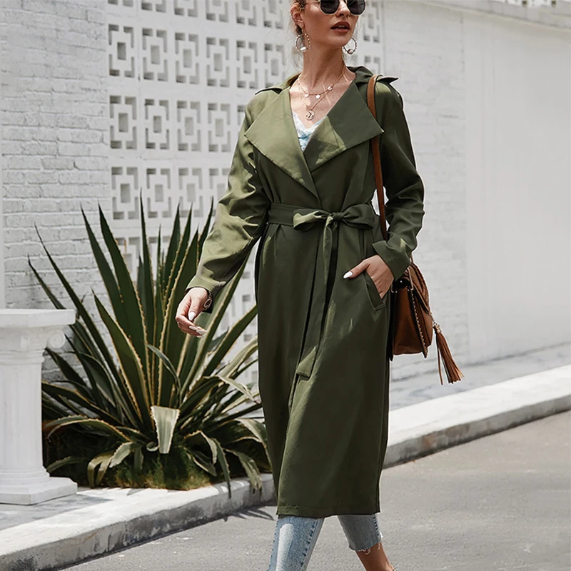 

Fad Autumn Spring Solid Long Trench Coat For Women Female Casual Coats Turn Down Collar With Sahses Slim Solid Outwear Ladies