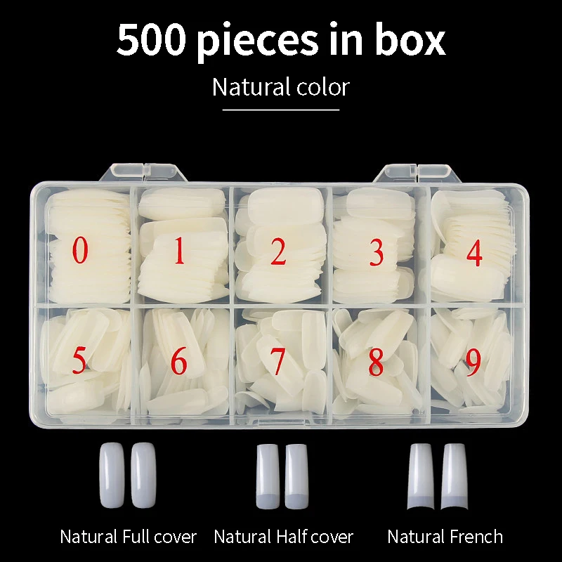 500pcs/Box Nail Tips 500pcs Coffin False Nails Long Clear/Natural Fake Nail Art Tips Flat Shape Full Cover Manicure French Style