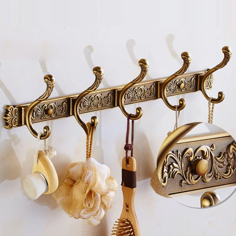 Antique Brass Robe Hook Wall Mount Towel Holder Bathroom Accessories Organizer Luxury Clothes Hook Rack