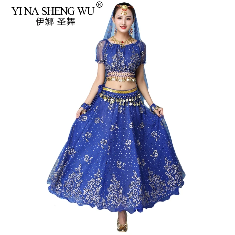 Bollywood Dress Adult Costume Women Indian Dance Set Belly Dance Sari Clothing Dance Performance Clothes Chiffon Skirt Set New