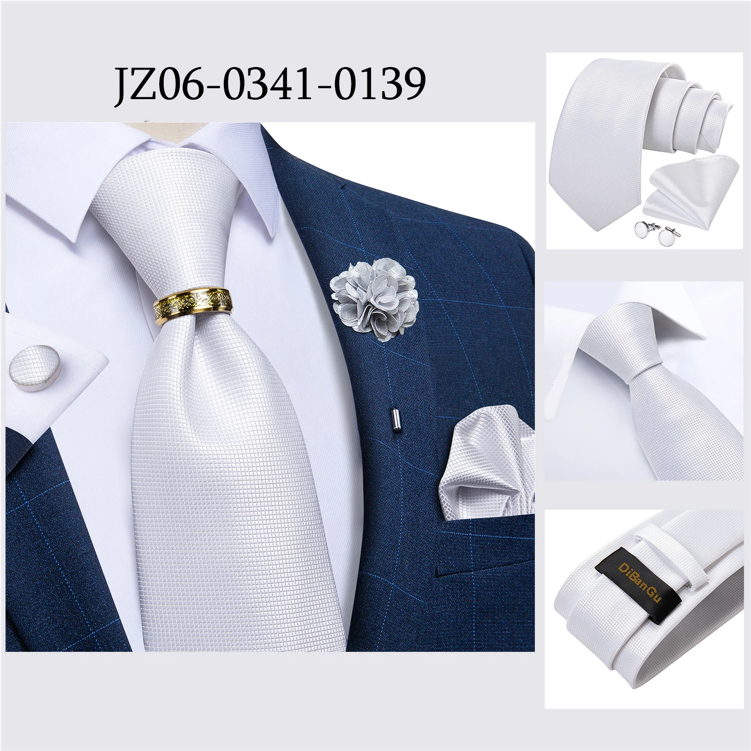 Handgefertigte Paisley-Blumen-Krawatte in Königsblau für Herren, klassische 8 cm breite gewebte Jacquard-Krawatte mit Einstecktuch, Manschettenknöpfen und Brosche – Detail 24