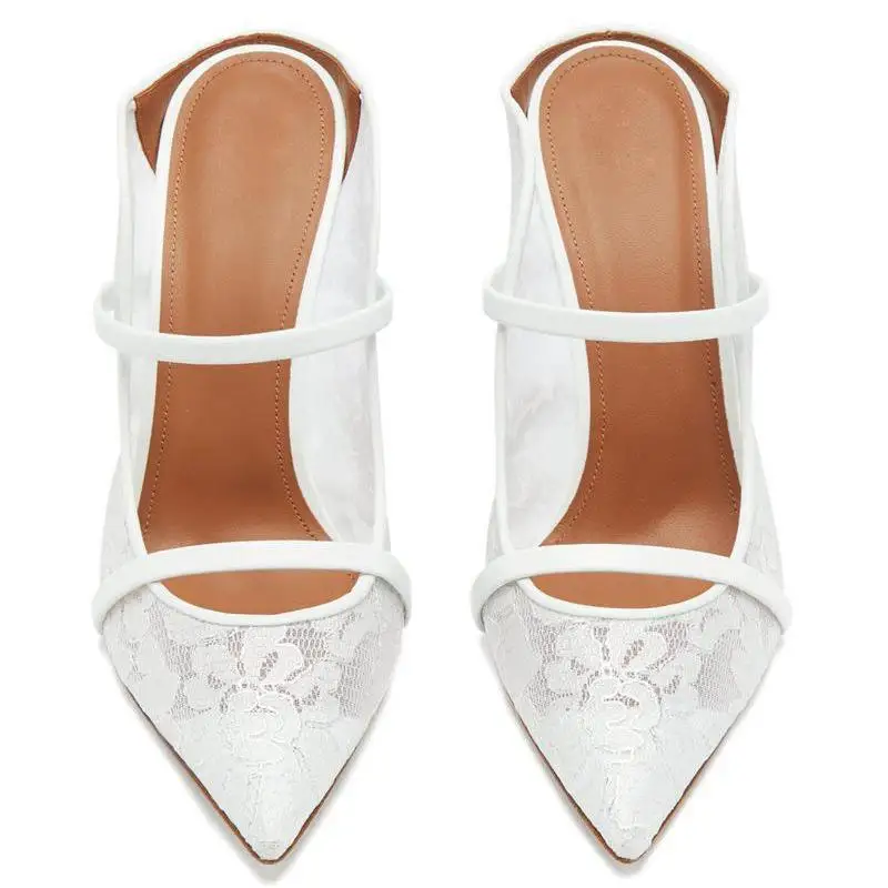 Slippers Women Super High Heels Sandals Pointed Sweet White Lace Thin Heeled Party Wedding Shoes Modern Slippers Pumps Slides