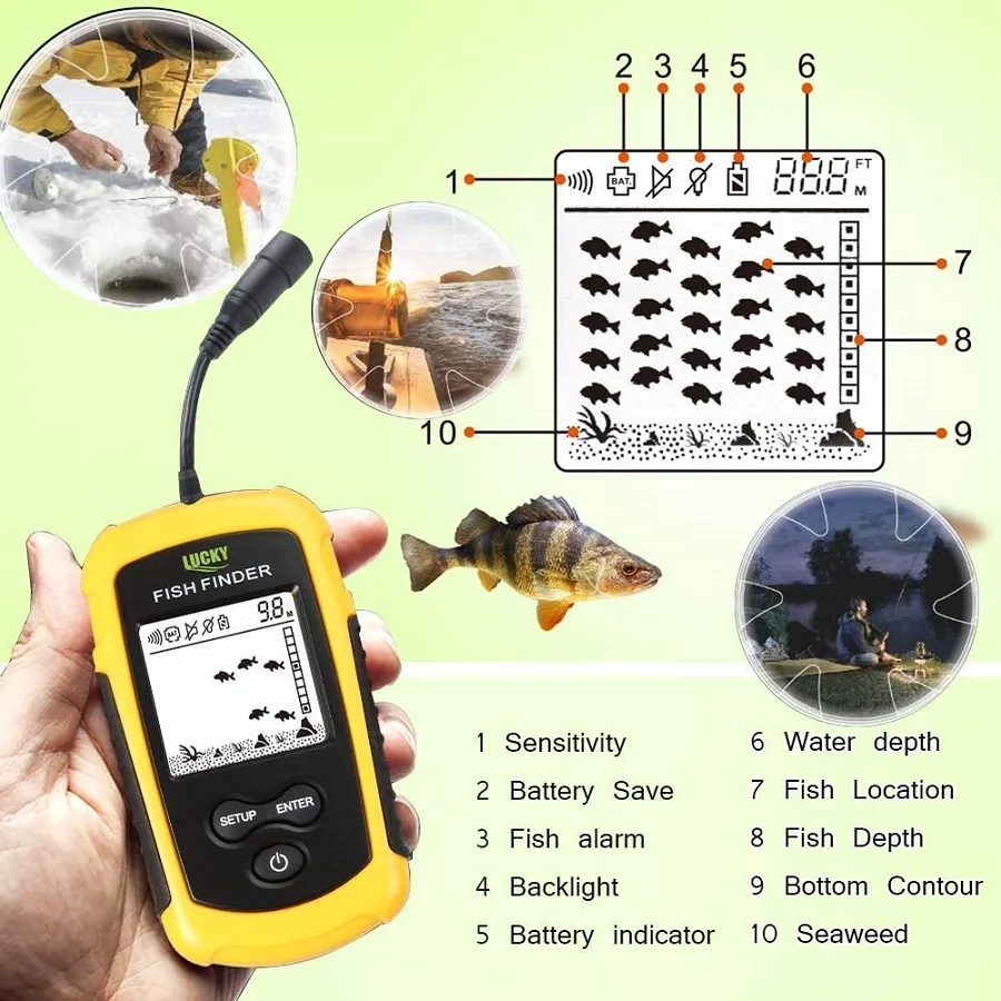 LUCKY FF1108 Wired Fish Finder Sonar Sensor Alarm Transducer Water Deeper Depth Finder Portable Fish Finder Sonar for Fishing