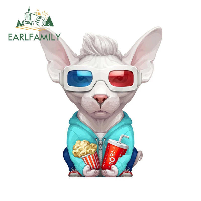 EARLFAMILY 13cm x 10cm Sphynx Cat Wearing Stereo Glasses Funny Car Stickers Waterproof Animal Cute Decals JDM RV Window Decor