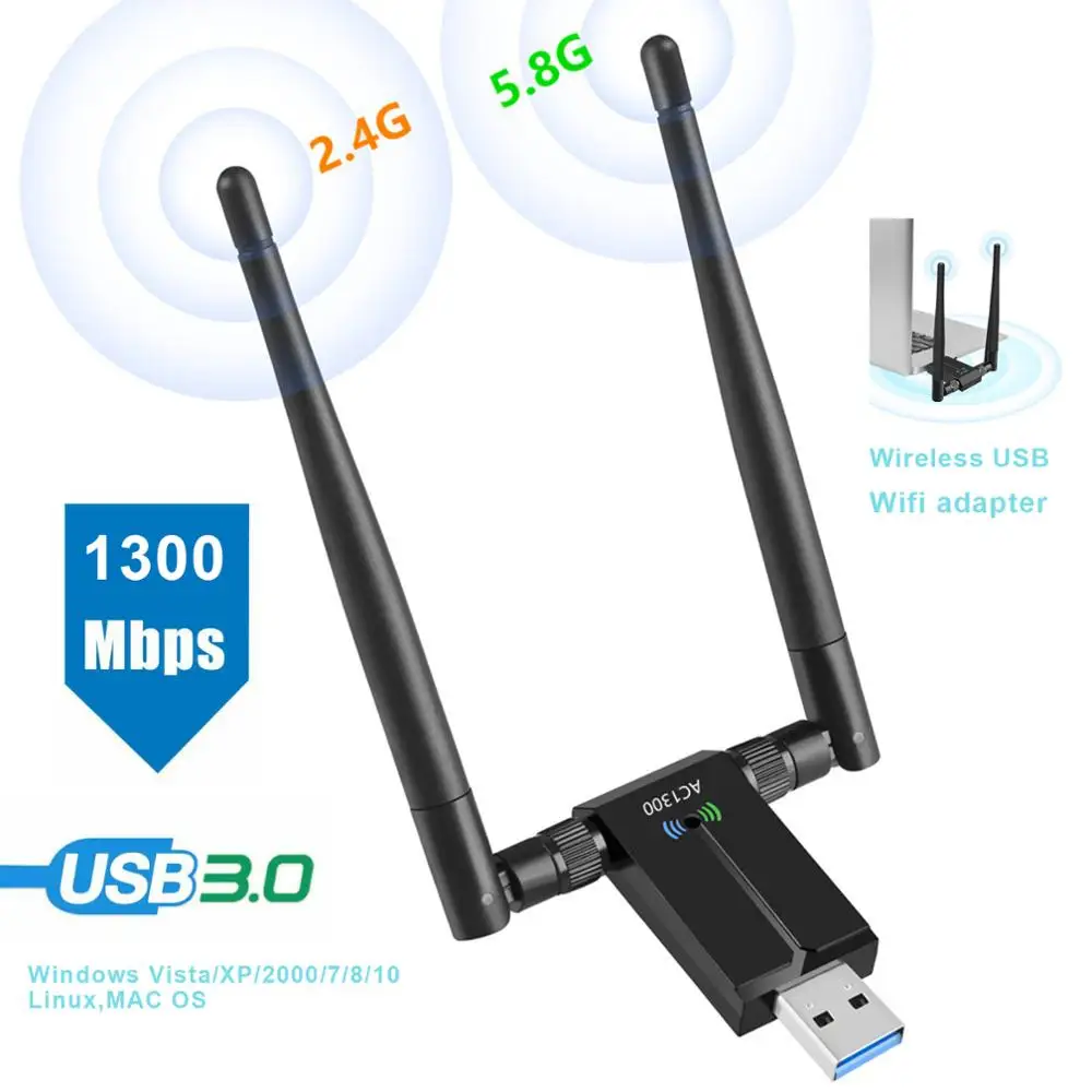 

2,4G/5,8G беспроводной USB Wi-Fi адаптер для ноутбука сетевая карта с двумя антеннами 5 дБи 1300 Мбит/с