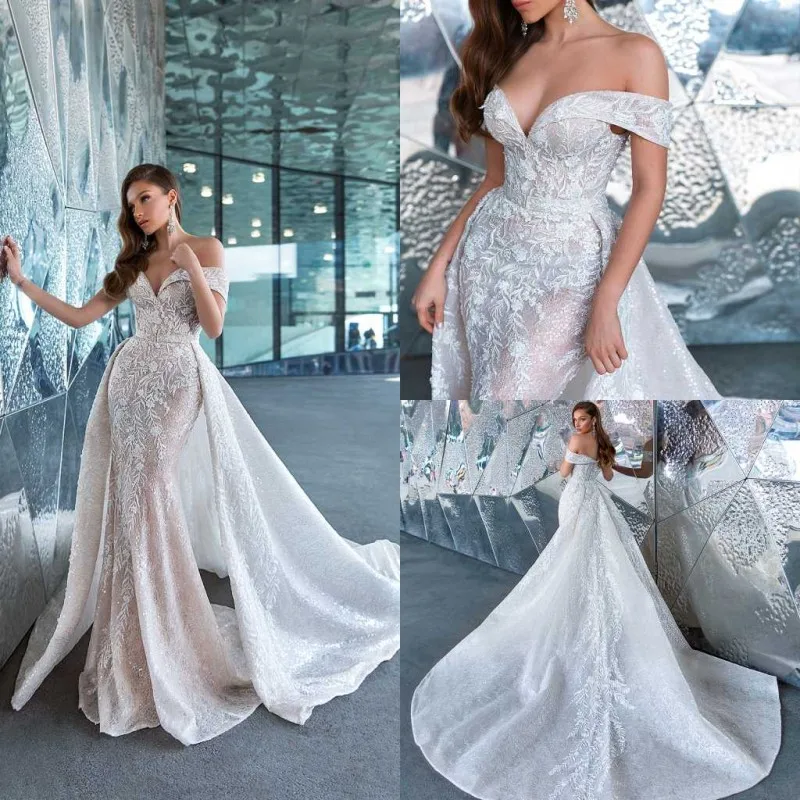 

Off the Shoulder Vintage Wedding Dress with Detachable Train Lace Applique Sequined Sexy Mermaid Wedding Gowns Vestido De Novia