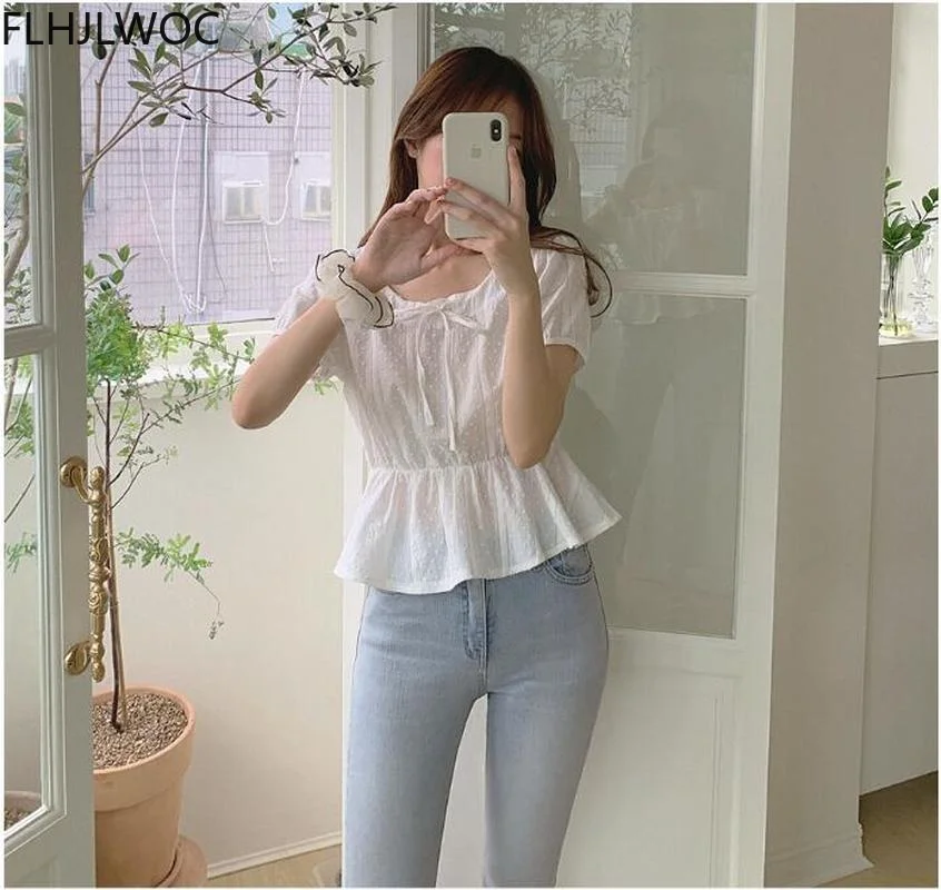 Embroidery Cute Chic Top Bow Tie Women Summer Korea Japan Style Flhjlwoc Vintage Slim Waist Peplum White Short Shirt Blouse