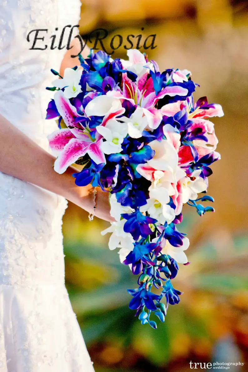 

EillyRosia Cascade Bridal Bouquet Rubrim Lilies Blue Dendrobium Orchids Purple Iris White Calla Lilies Galaxy Wedding Flowers