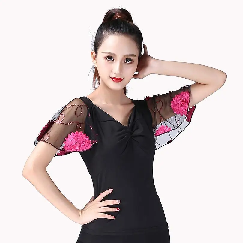 Neue Ballroom Dance Tops Standard Moderne Tanz Kostüm Flamenco Bluse Leistung Kleidung Walzer Dancewear Kurzen Ärmeln 7 Farben