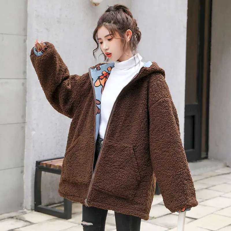 Double-sided Printed Bear Lamb Wool Cotton-padded Jacket Womens 2024 Autumn Winter Student Hooded Jackets Korean Fashion Casual