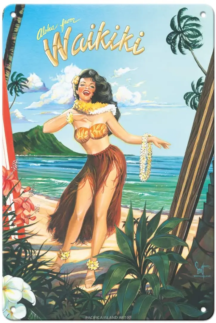 

Pacifica Island Art Aloha from Waikiki - Hula Girl Dancer - from an Original Color Painting by Scott Westmoreland - 8in x 12in