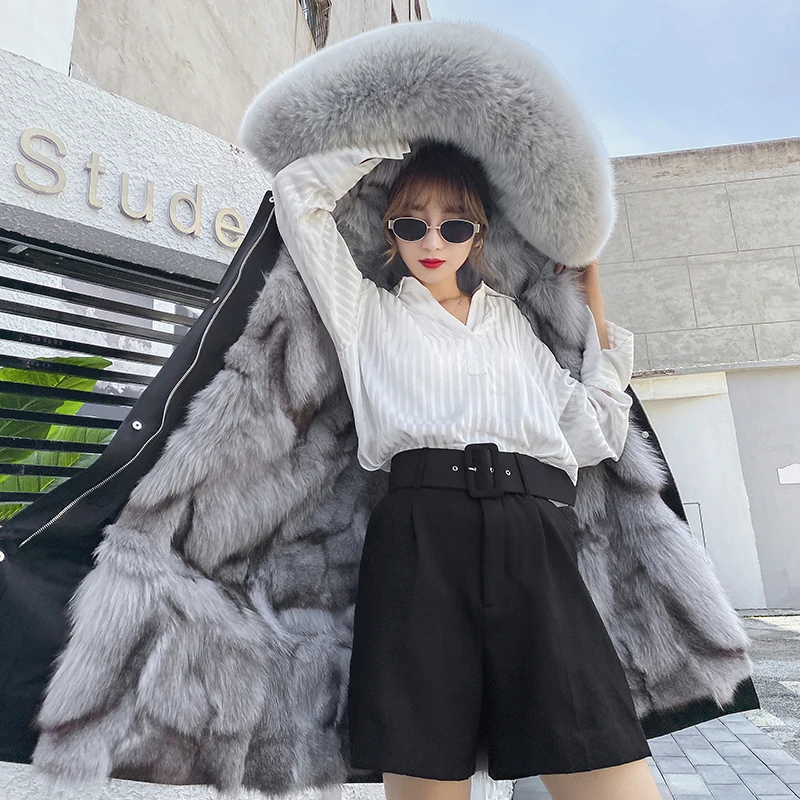 

FURTJY 2020 New Real Fur Coat Winter Jacket Women X-long Parka Natural Fox Fur Collar Hood Thick Warm Pocket Removable Outerwear