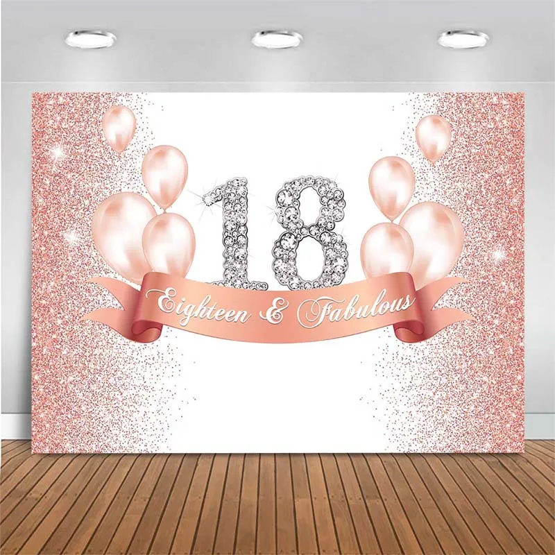 18th Birthday Party Backdrop Pink Balloons Glitter Eighteen & Fabulous Photography Backdrop Photo Background For Photo Studio