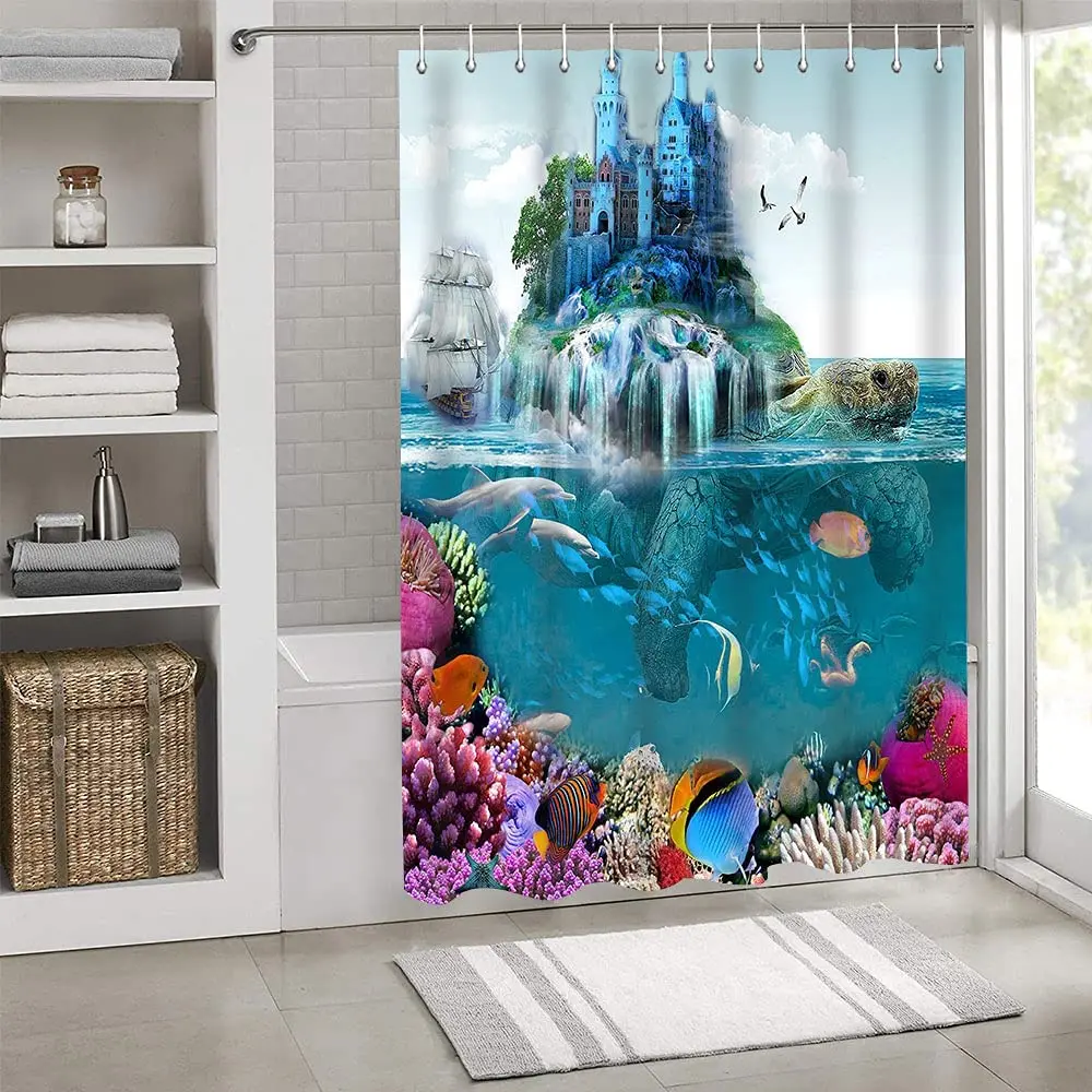 Marine Shower Curtain Giant Tortoise Carrying  Magic Castle and Pirate Ship Cartoon Pattern Bathroom Waterproof Screen Home Deco