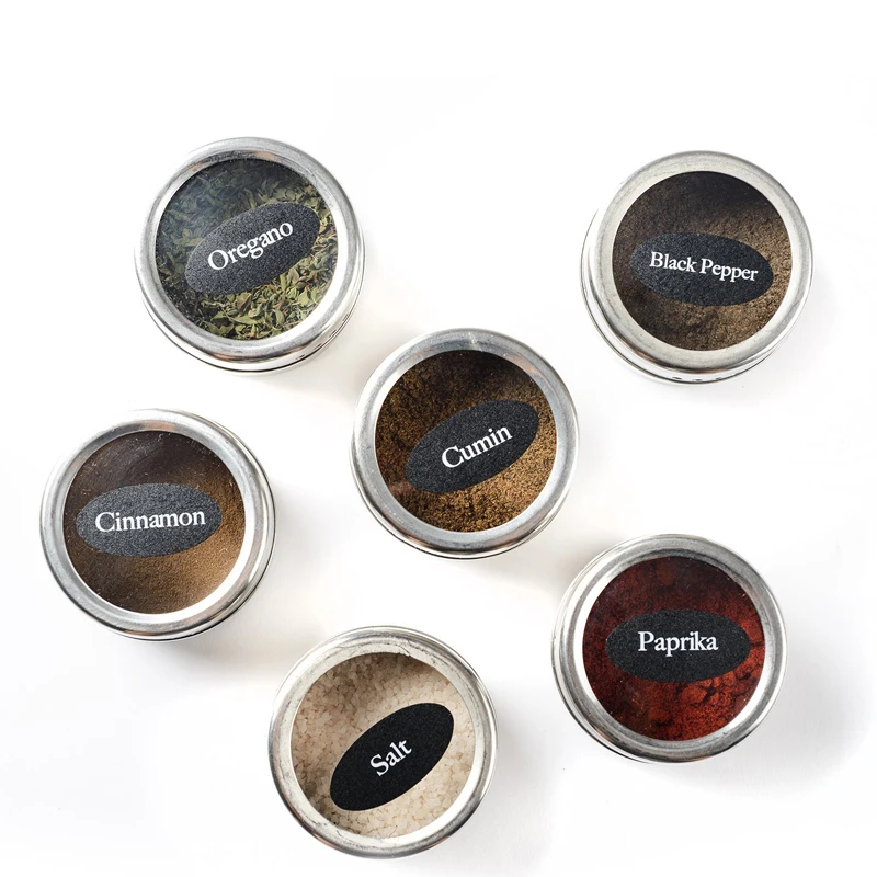 LMETJMA Magnetic Spice Tins Stainless Steel Spice Jar Set With Stickers Pepper Shakers Salt Pepper Set Seasoning Sprays  KC0017