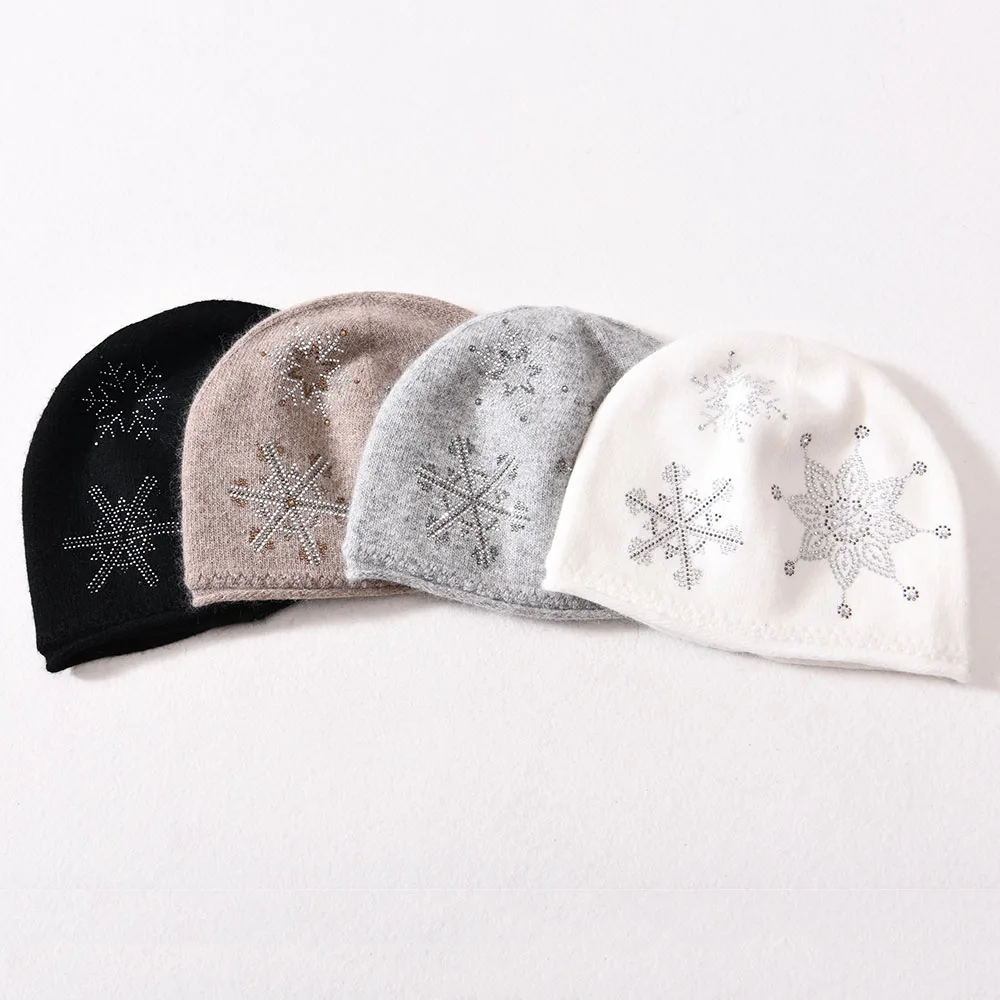 New Cashmere Beanie Hat Snowflake  Rhinestone Winter Cap For Woman Solid Color Warm Hat