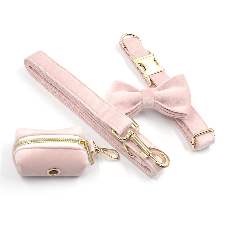 Pink Velvet Dog Harness Personalized Thick Luxury Collar for Dogs Adjustable Soft Padded Dog Collar and Leash Set for Female Pet