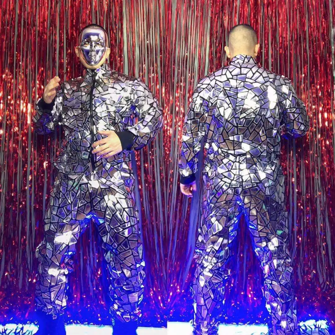 Bar Nightclub Tide Male Singer HIP HOP Dance Costume Musical Vocal Concert Performance Silver Laser Sequins Jumpsuit Stage Wear