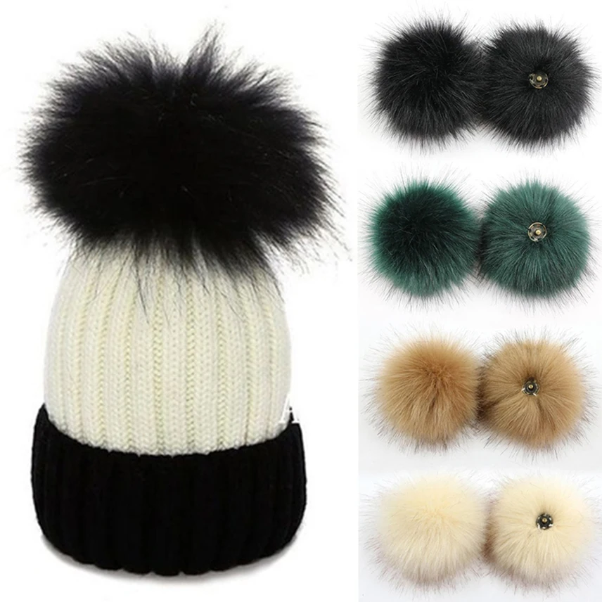 2Pcs Faux Fox Fur Pom-Pom for Hats DIY Crafts Hairball Hat Ball Pompom for Handicrafts with Press Button Toys Accessories