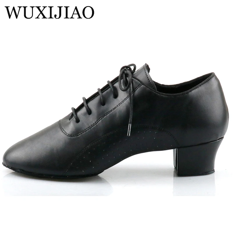 WUXIJIAO Latin Modern Dance Shoes Men\'s Leather Black and White Party Wedding Prom Dance Shoes 4.5cm Square Heel Soft Outsole