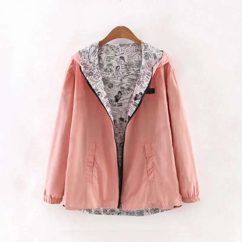 2024 Spring Hot Sale Women Basic Jacket Coat Two Side Wear Print Cartoon Pocket Zipper Hooded Jackets Windbreaker Outwear Female