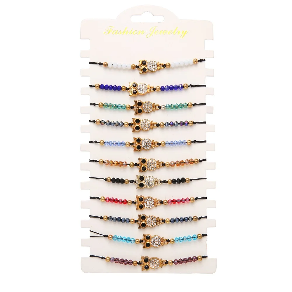 여성용 다채로운 크리스탈 올빼미 팔찌, 2024 트렌드 비드, 다층 커프, 조절 가능한 얇은 팔찌, 12 개/세트