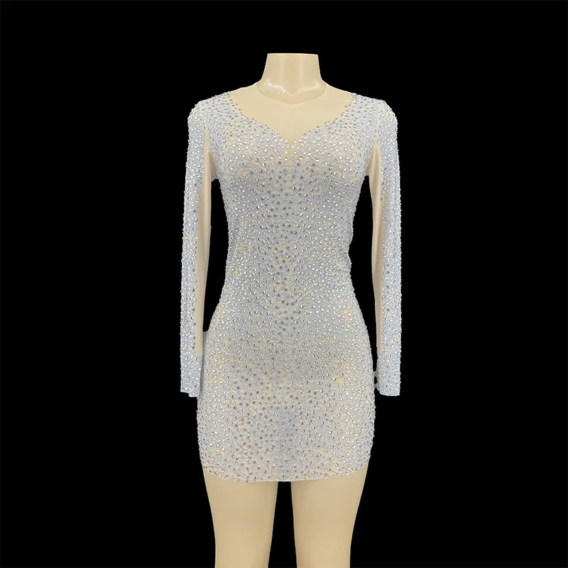 Silver Rhinestones Brown Mesh Stretch Dress Birthday Celebrate Transparent Long Sleeves Outfit Singer Dancer Nightclub Prom