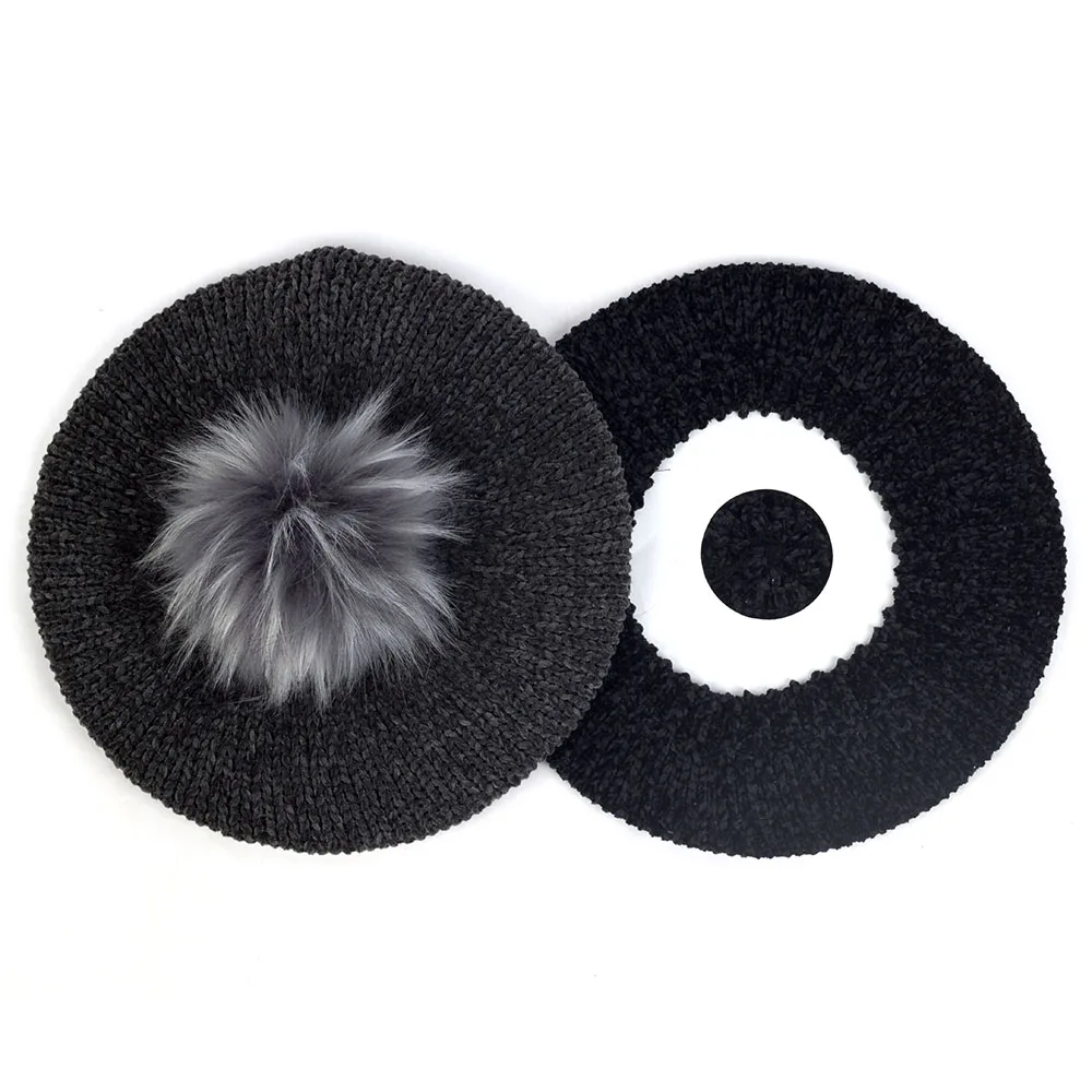 Female Knitted Berets With Faux Fur Pom Pom Elegant Women Fashion Winter Warm Hats Girl Bonnet Caps Plain Hat Beret