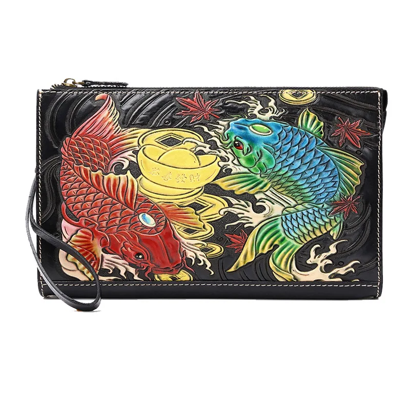 Handmade Women Men Vegetable Tanned Leather Dragon Unicorn Bag Money Holder Clutch Purse Cigarette Pocket Clutches Envelope