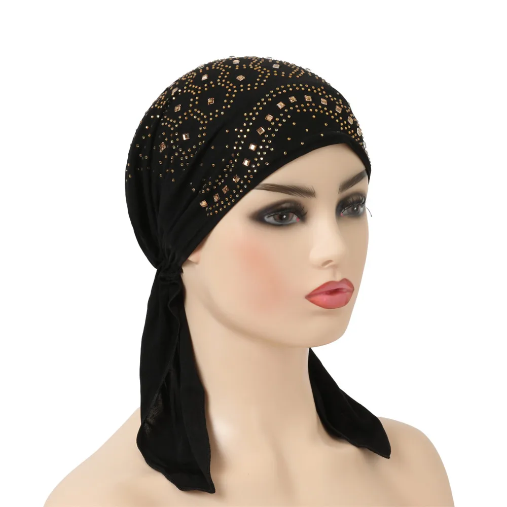 Muslim Inner Hijab Cap Women's Headwear Underscarf Islamic Head Wrap Hat Bonnet Rhinestone Headscarf Hair Loss Chemo Cancer Hat