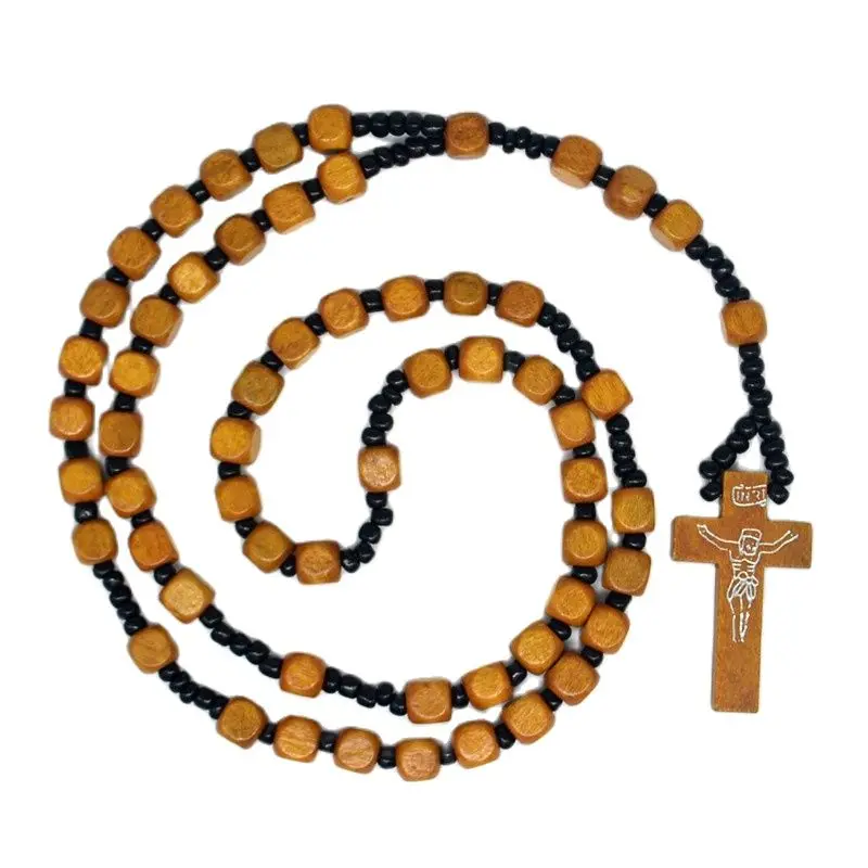 Cube Wood Rosary Beads INRI Jesus Cross Pendant Necklaces Catholic Christian Fashion Religious Jewelry