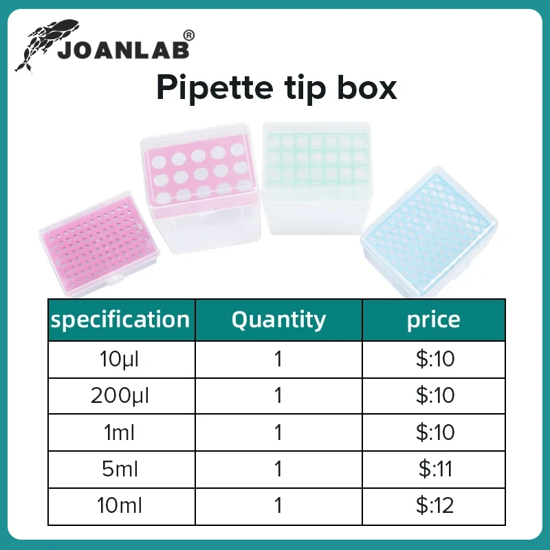 Caixa de pipetas de laboratório JOANLAB 10ul 200ul 1ml 5ml 10ml Caixa de pipeta de plástico para micropipetas 10ml Suprimentos de equipamentos de