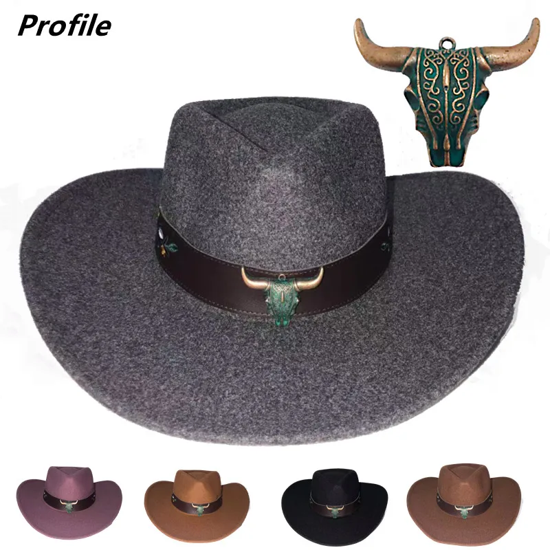 

Cowboy hat cow head embroidery accessories autumn and winter thickened fedora hat men and women jazz шляпа женская