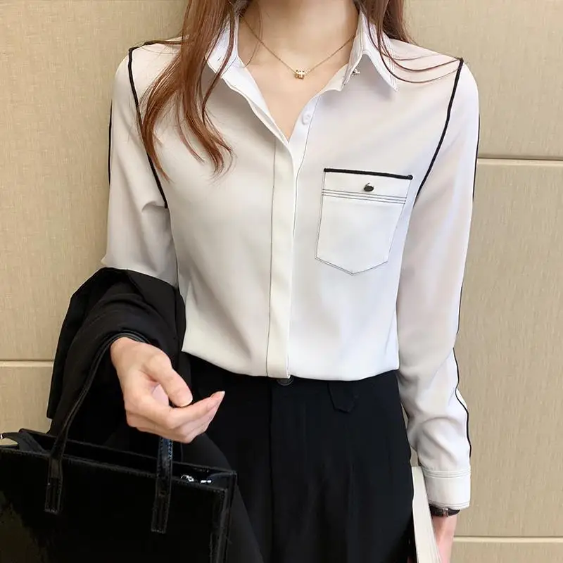 Women's Long Sleeve White Chiffon Shirt, Korean, New, French Collar Style, Quality Top, Lady Blouses, B078, 2023 Summer