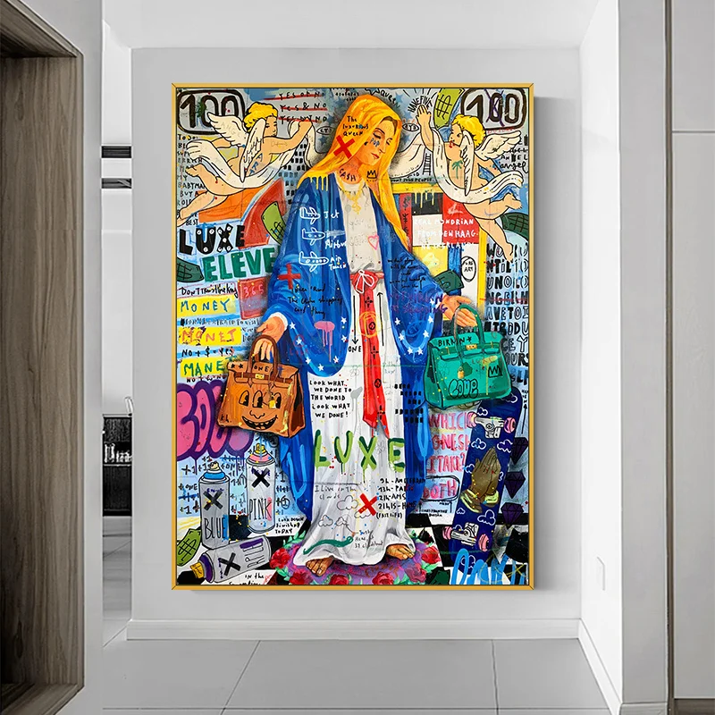 Cute Baby Angel Graffiti Canvas Painting Rich Woman Hold The Bags Pop Art Canvas Posters and Prints on The Wall for Home Decor